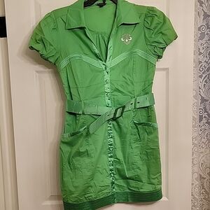 Green Short-Sleeve Button-Up Dress with Belt
